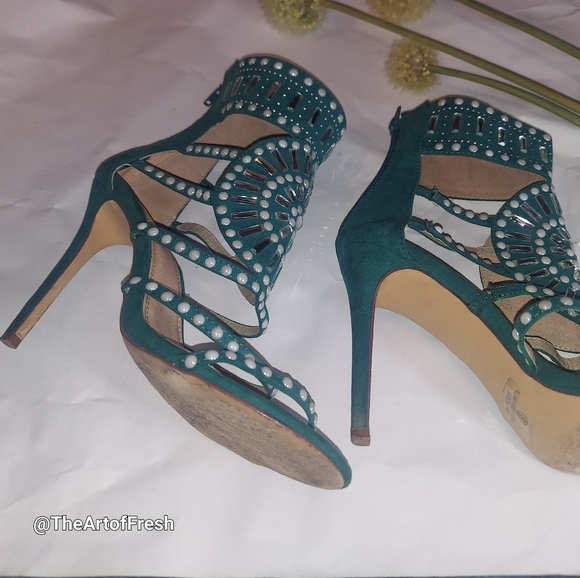 🔥🔥 OLIVIA FERGUSON, 4inch Green Rhinestone Gladiator zipper heels, size 9 - Picture 5 of 14